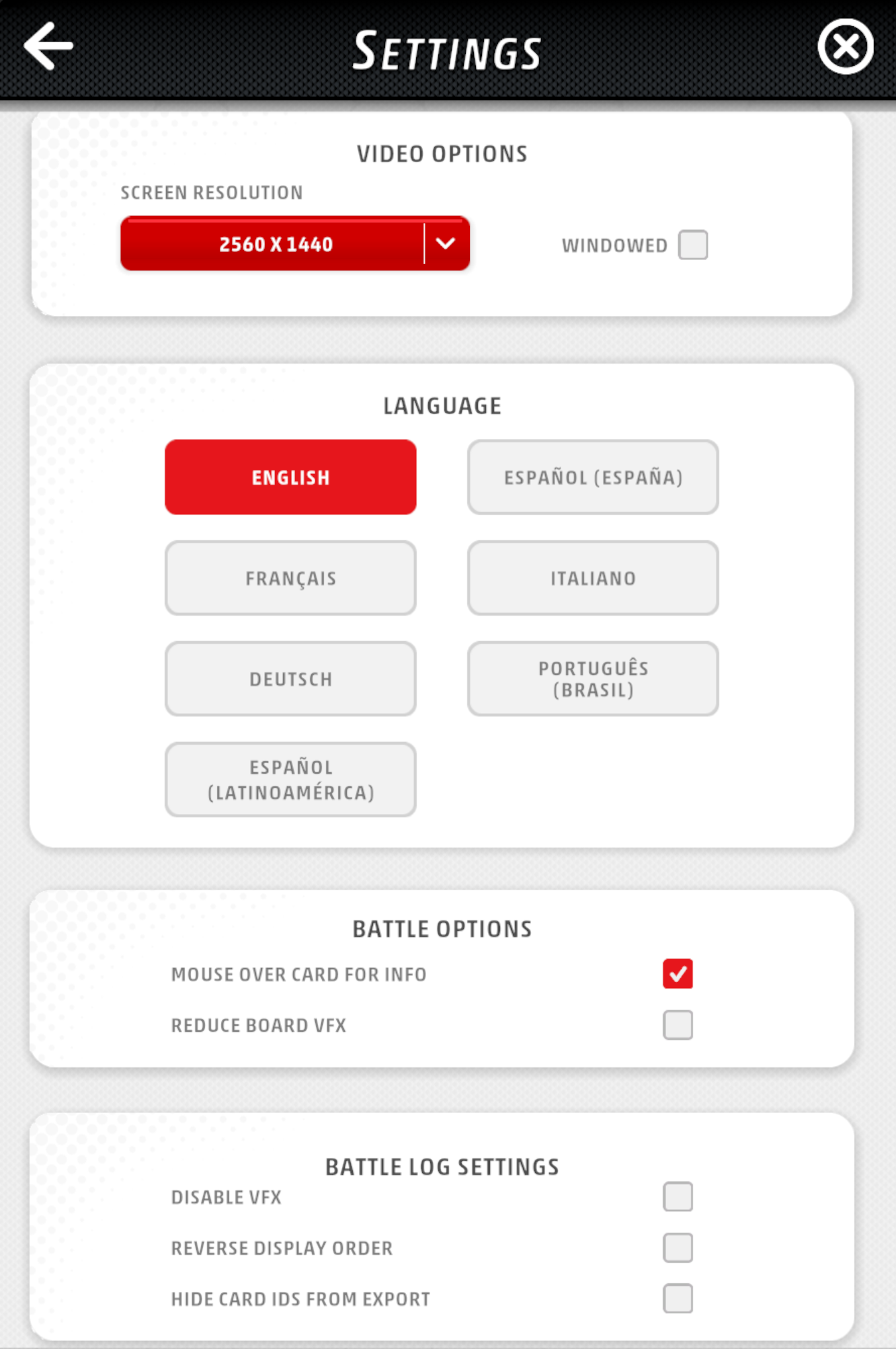PTCGL Settings
